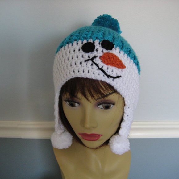 Teal Snowman Hat for Teens or Adults/Unisex Hand Knit Beanie w/ Pom Pom's - SALE - Picture 1 of 6